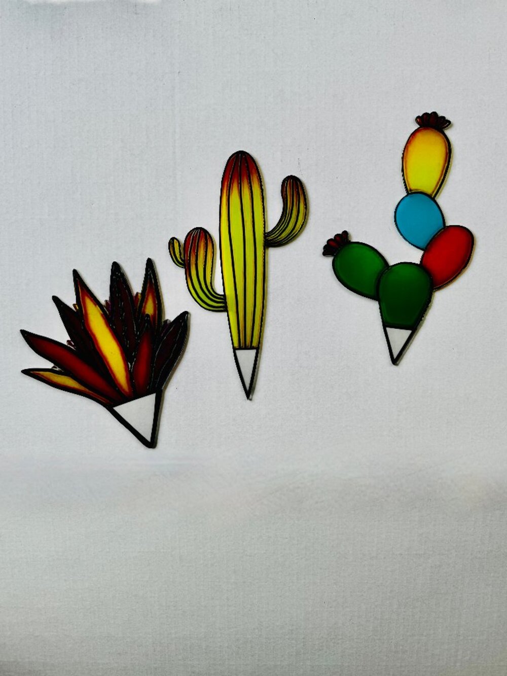 Cactus Succulent Set of 3 Suncatchers - Acrylic in Style of Stained Glass - NEW